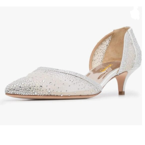 XYD Ivory Pointed Toe D'Orsay Kitten Heel Rhinestone Studs Slip-On Mesh Pump - Picture 1 of 8